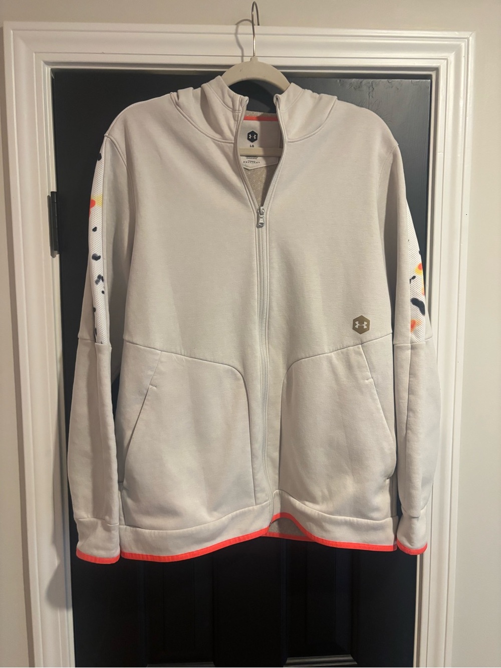 Under Armour Men's White Full-Zip Hoodie with Coral Trim. Rare find